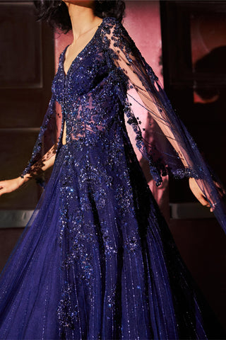 Midnight blue bluvante jacket kurta and skirt set