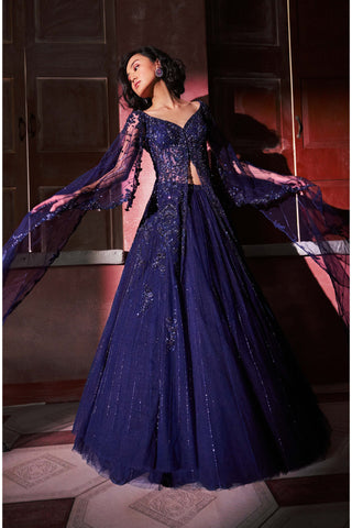 Midnight blue bluvante jacket kurta and skirt set