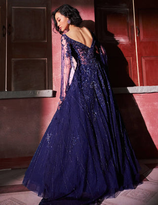 Midnight blue bluvante jacket kurta and skirt set