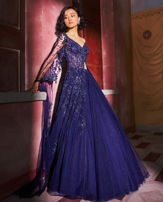 Midnight blue bluvante jacket kurta and skirt set