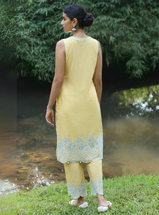 Kora yellow embroidered kurta set