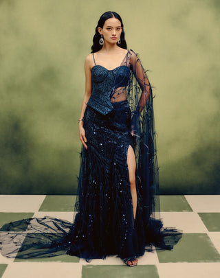 Celeste navy plume corset & skirt set