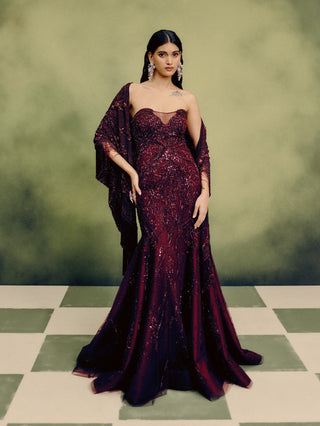 Sangria cherry gown and cape drape