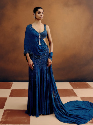 Oceanelle crystal teal drape sari set