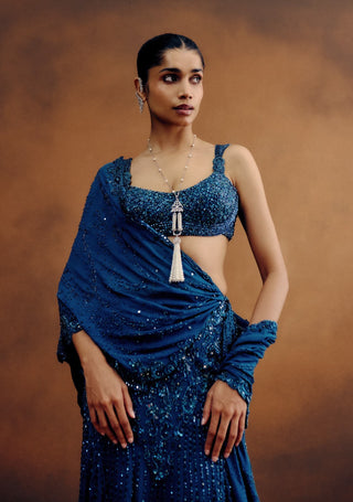 Oceanelle crystal teal drape sari set