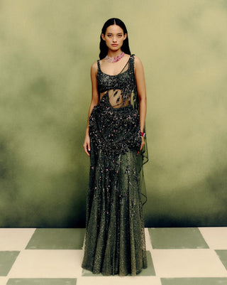 Viridara moss green drape sari set