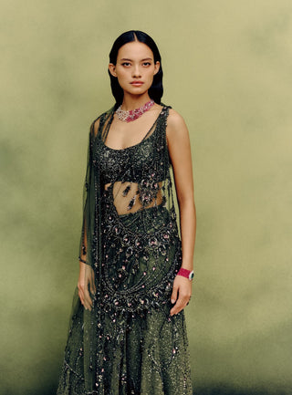 Viridara moss green drape sari set