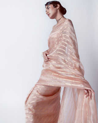 Peony Pink Tissue Sari With Unstitched Blouse by Ekaya available on Indiaspopup.com