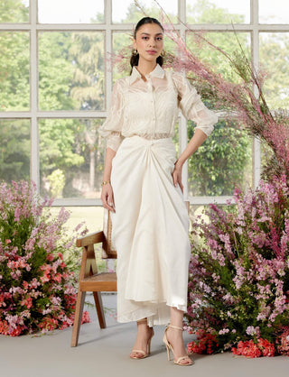 Penelop White Abstract Shirt And Skirt Set by Parul And Preyanka available on Indiaspopup.com