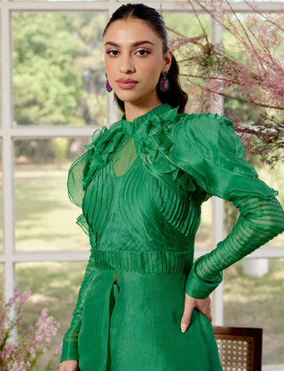 Eloise Emerald Green Pintucks Shirt And Pant Set by Parul And Preyanka available on Indiaspopup.com