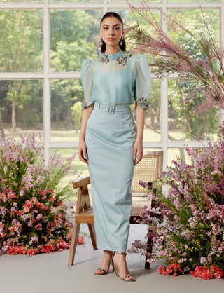 Daphne Blue Top And Skirt Set by Parul And Preyanka available on Indiaspopup.com