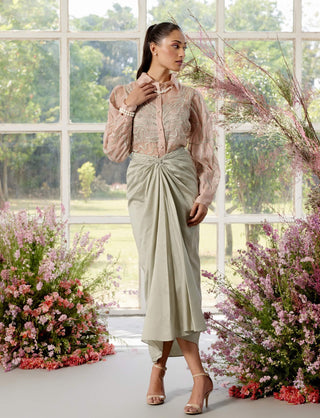Edwina Peach And Almond Abstract Pearl Shirt And Skirt Set by Parul And Preyanka available on Indiaspopup.com