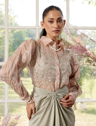 Edwina Peach And Almond Abstract Pearl Shirt And Skirt Set by Parul And Preyanka available on Indiaspopup.com