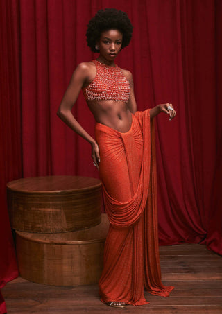 Itrh-Orangw Mandarin Sparkle Sari Set-INDIASPOPUP.COM