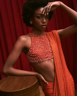 Itrh-Orangw Mandarin Sparkle Sari Set-INDIASPOPUP.COM