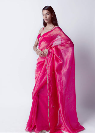 Ruby Red Handwoven Organza Sari With Unstitched Blouse by Ekaya available on Indiaspopup.com