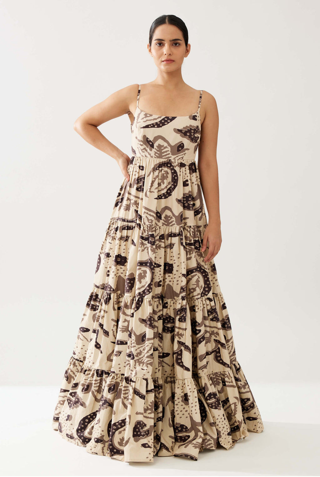 Koai Cream And Dark Brown Floral Tier Dress