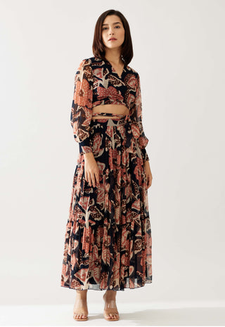 Dark Blue And Pink Floral Wrap Top And Skirt by Koai available on Indiaspopup.com