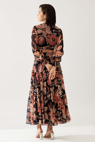 Dark Blue And Pink Floral Wrap Top And Skirt by Koai available on Indiaspopup.com