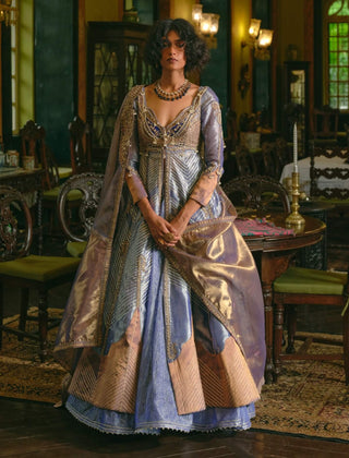Blue Silk Zari Tissue Jacket And Skirt Set by Aditi Gupta available on Indiaspopup.com
