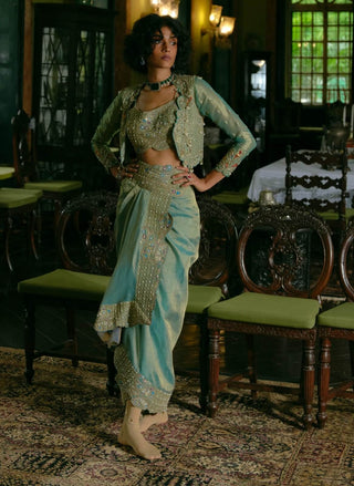 Turquoise Silk Draped Skirt And Jacket Set by Aditi Gupta available on Indiaspopup.com