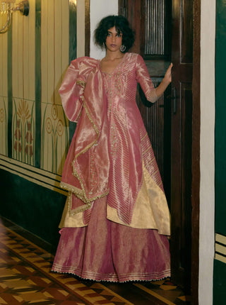 Pink Silk Zari Tissue Jacket And Skirt Set by Aditi Gupta available on Indiaspopup.com