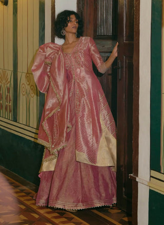 Pink Silk Zari Tissue Jacket And Skirt Set by Aditi Gupta available on Indiaspopup.com