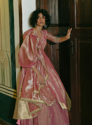 Pink Silk Zari Tissue Jacket And Skirt Set by Aditi Gupta available on Indiaspopup.com