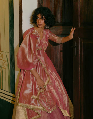 Pink Silk Zari Tissue Jacket And Skirt Set by Aditi Gupta available on Indiaspopup.com