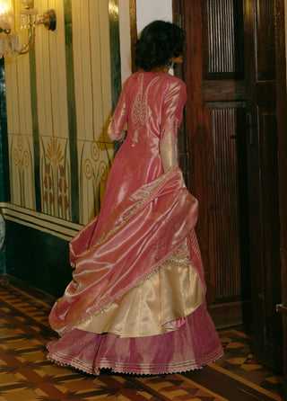 Pink Silk Zari Tissue Jacket And Skirt Set by Aditi Gupta available on Indiaspopup.com