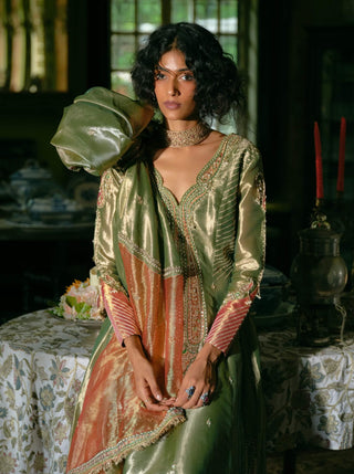 Emerald Green Tissue Anarkali And Dupatta by Aditi Gupta available on Indiaspopup.com