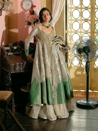 Pearl Gold Silk Zari Tissue Jacket With Skirt by Aditi Gupta available on Indiaspopup.com