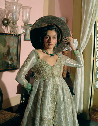 Pearl Gold Silk Zari Tissue Jacket With Skirt by Aditi Gupta available on Indiaspopup.com