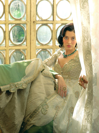 Pearl Gold Silk Zari Tissue Jacket With Skirt by Aditi Gupta available on Indiaspopup.com