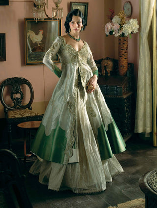 Pearl Gold Silk Zari Tissue Jacket With Skirt by Aditi Gupta available on Indiaspopup.com