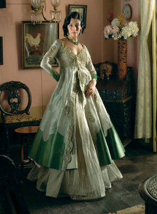 Pearl Gold Silk Zari Tissue Jacket With Skirt by Aditi Gupta available on Indiaspopup.com