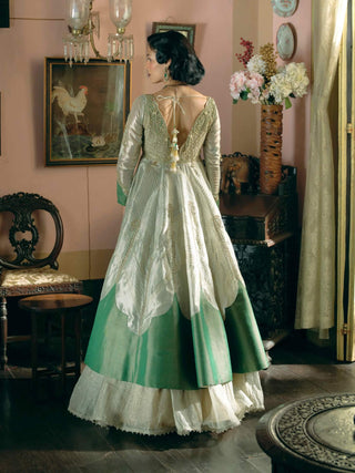 Pearl Gold Silk Zari Tissue Jacket With Skirt by Aditi Gupta available on Indiaspopup.com