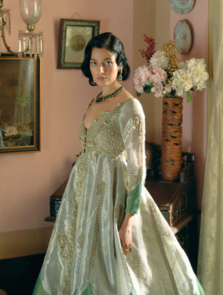 Pearl Gold Silk Zari Tissue Jacket With Skirt by Aditi Gupta available on Indiaspopup.com
