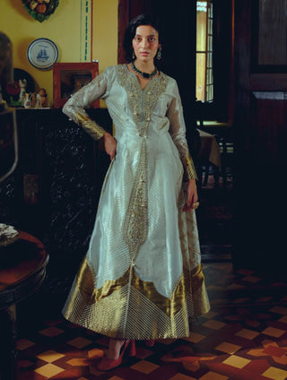 Pearl Gold Silk Zari Tissue Anarkali And Dupatta by Aditi Gupta available on Indiaspopup.com