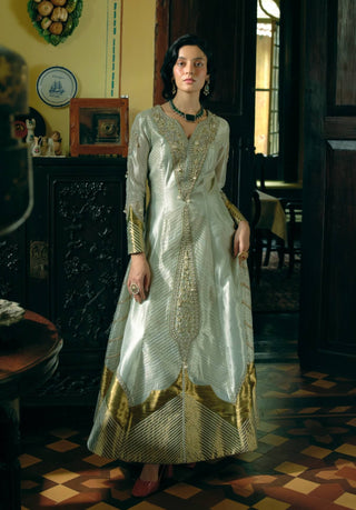 Pearl Gold Silk Zari Tissue Anarkali And Dupatta by Aditi Gupta available on Indiaspopup.com