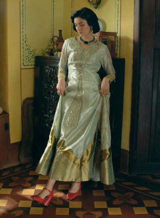 Pearl Gold Silk Zari Tissue Anarkali And Dupatta by Aditi Gupta available on Indiaspopup.com