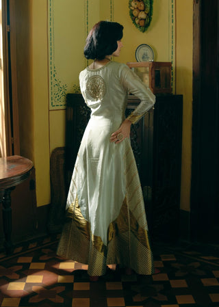 Pearl Gold Silk Zari Tissue Anarkali And Dupatta by Aditi Gupta available on Indiaspopup.com