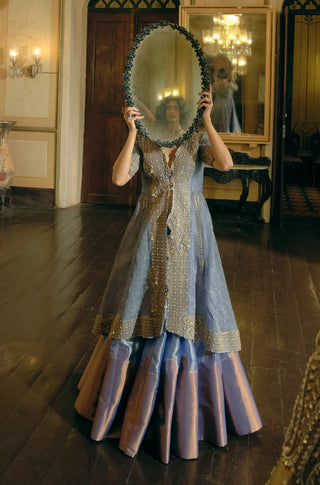 Blue Silk Zari Tissue Skirt And Long Jacket Set by Aditi Gupta available on Indiaspopup.com