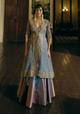 Blue Silk Zari Tissue Skirt And Long Jacket Set by Aditi Gupta available on Indiaspopup.com