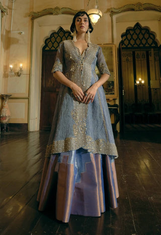 Blue Silk Zari Tissue Skirt And Long Jacket Set by Aditi Gupta available on Indiaspopup.com