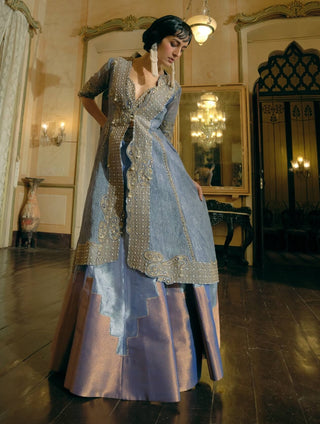 Blue Silk Zari Tissue Skirt And Long Jacket Set by Aditi Gupta available on Indiaspopup.com
