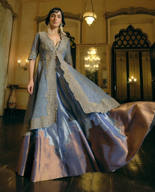 Blue Silk Zari Tissue Skirt And Long Jacket Set by Aditi Gupta available on Indiaspopup.com