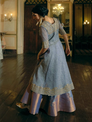 Blue Silk Zari Tissue Skirt And Long Jacket Set by Aditi Gupta available on Indiaspopup.com