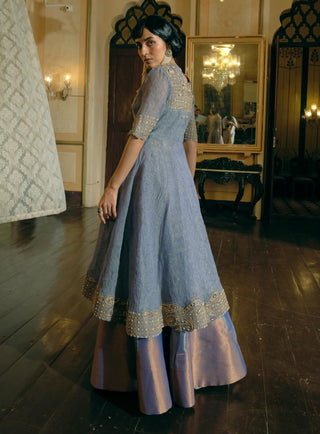 Blue Silk Zari Tissue Skirt And Long Jacket Set by Aditi Gupta available on Indiaspopup.com