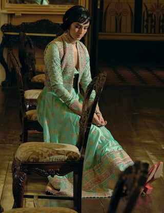 Firozi Green Anarkali And Cropped Jacket Set by Aditi Gupta available on Indiaspopup.com